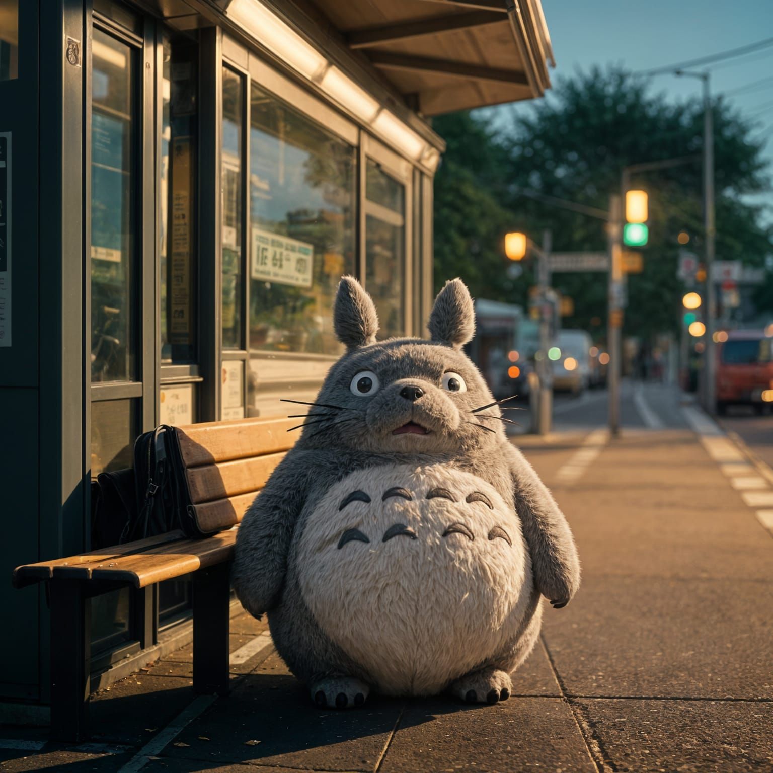 Surreal Evening Scene of Totoro Waiting at Bus Stop