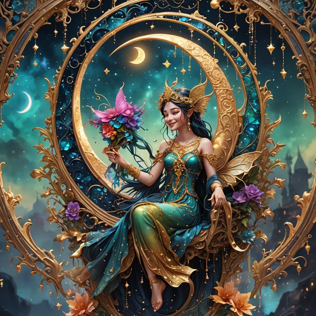 Fairy on Smiling Moon with Alcohol Ink Dripping