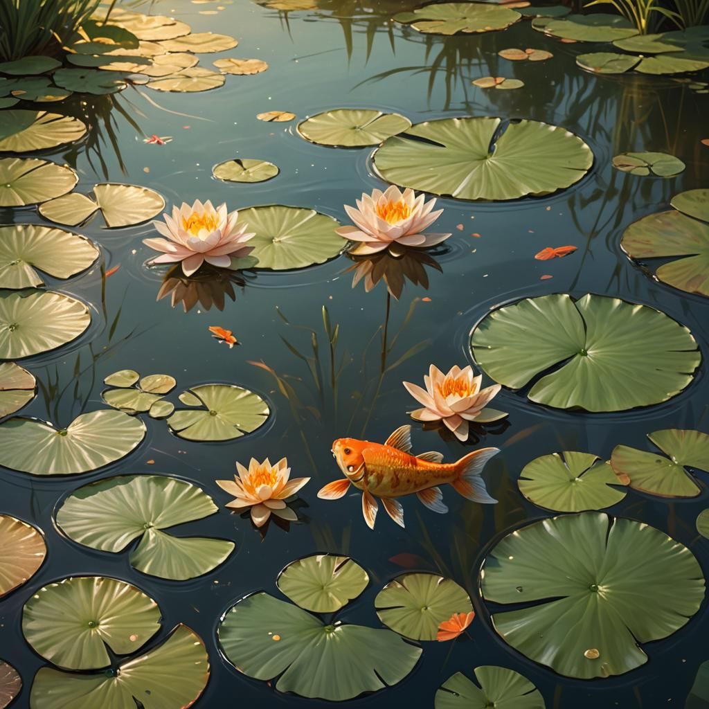 Hyperrealistic Waterlilies on Goldfish Pond in Splash Art