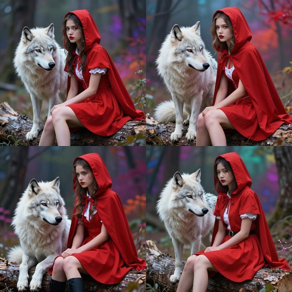 Red Riding Hood and White Wolf on Log, Digital Art Photograp...