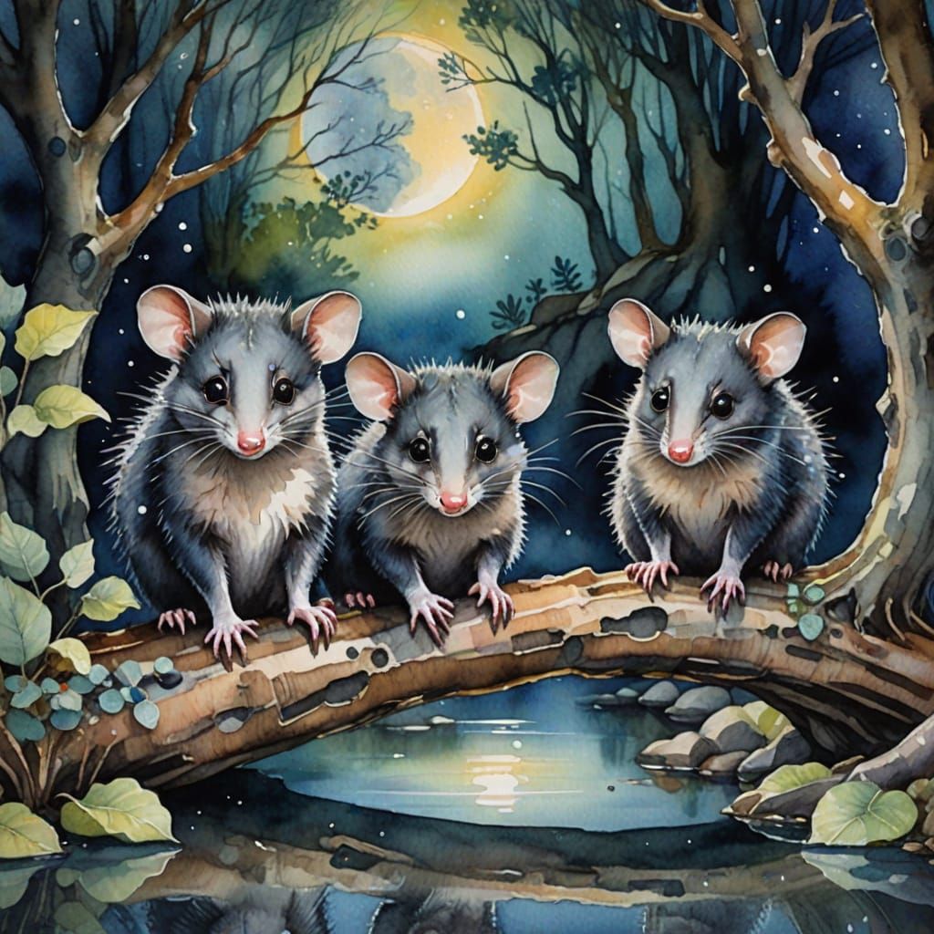 Watercolor Possums Cross Moonlit Bridge Under Starry Night