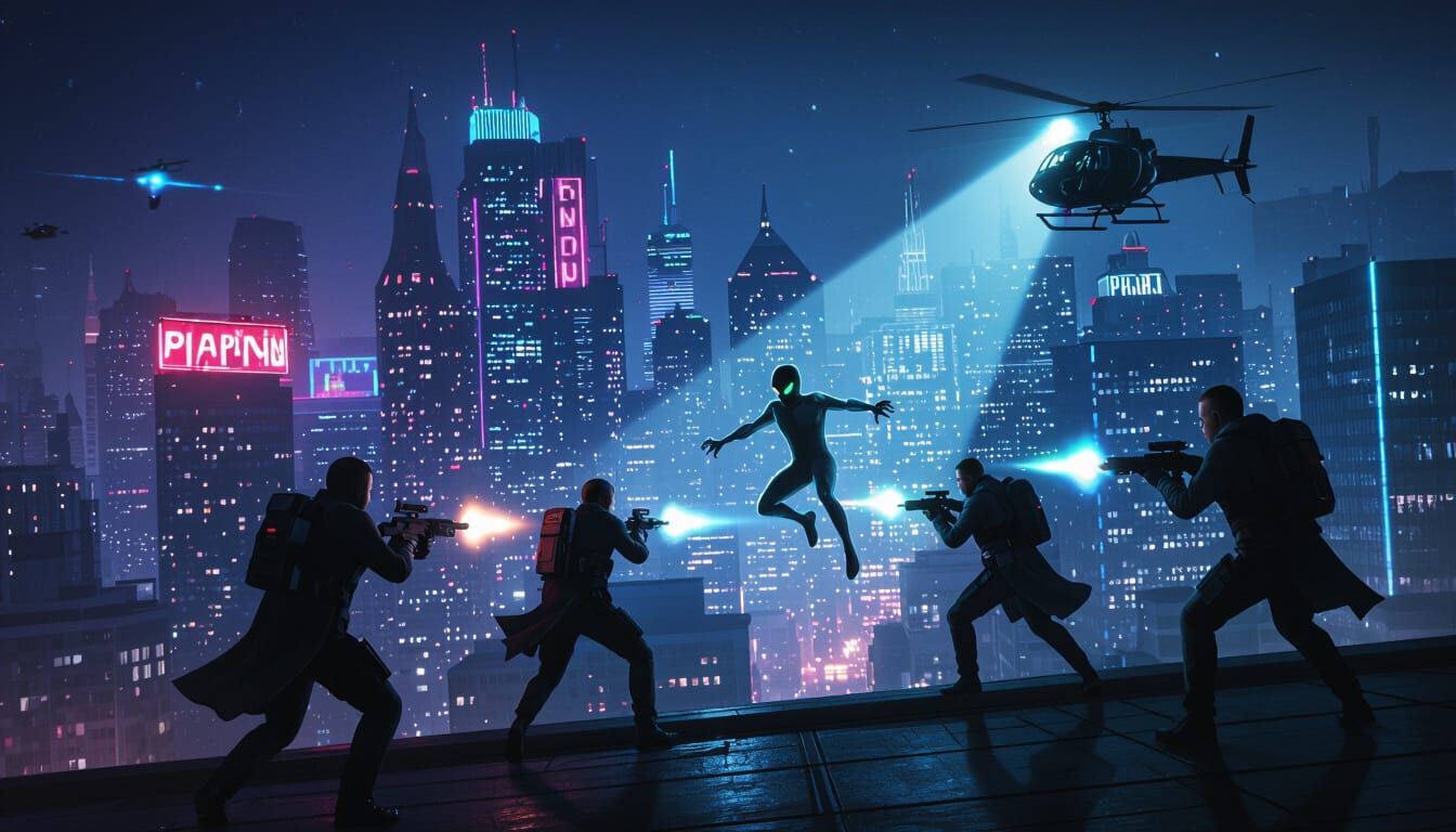 Men in Black Chase Alien Across Neon City Rooftops