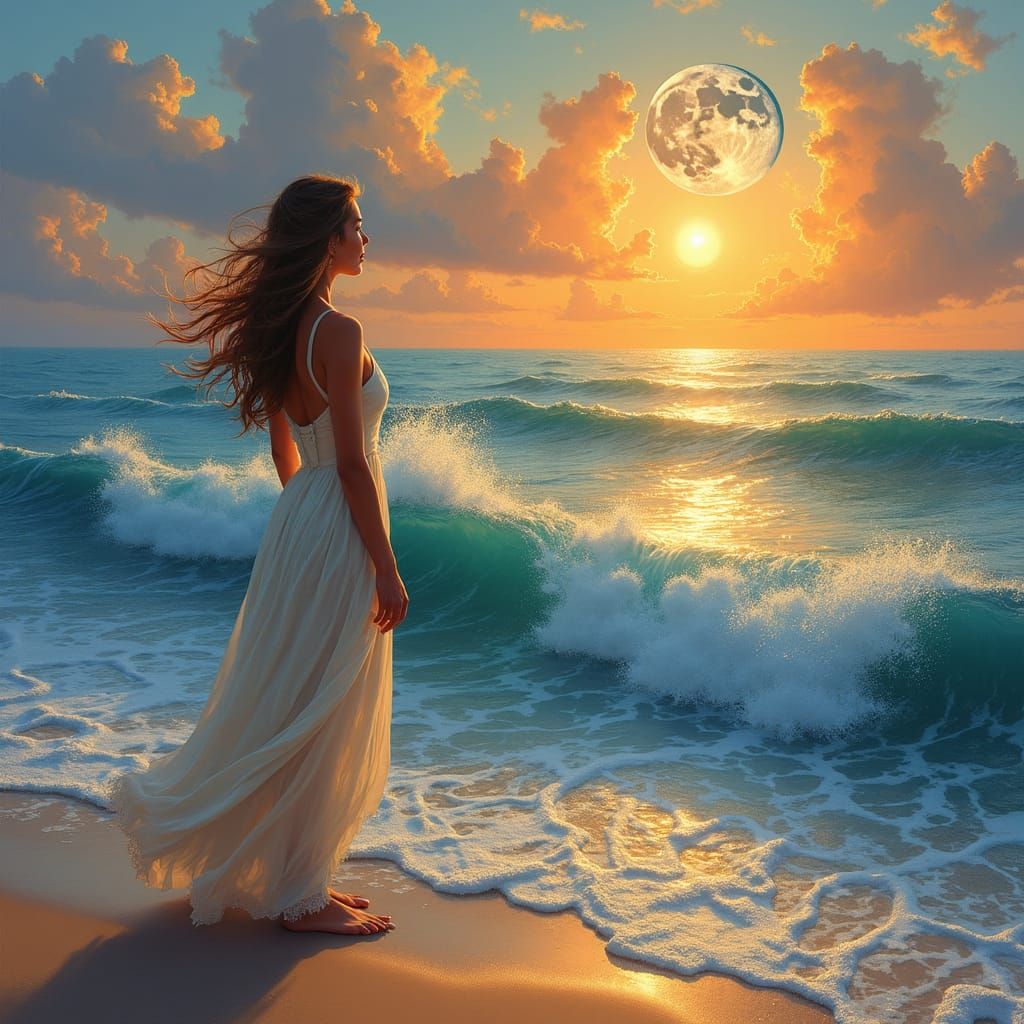 Ocean Sunset with Heart and Moon Reflection