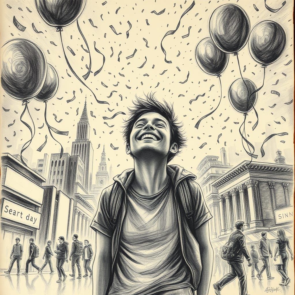 Person Celebrates a Joyful Day: Charcoal Drawing