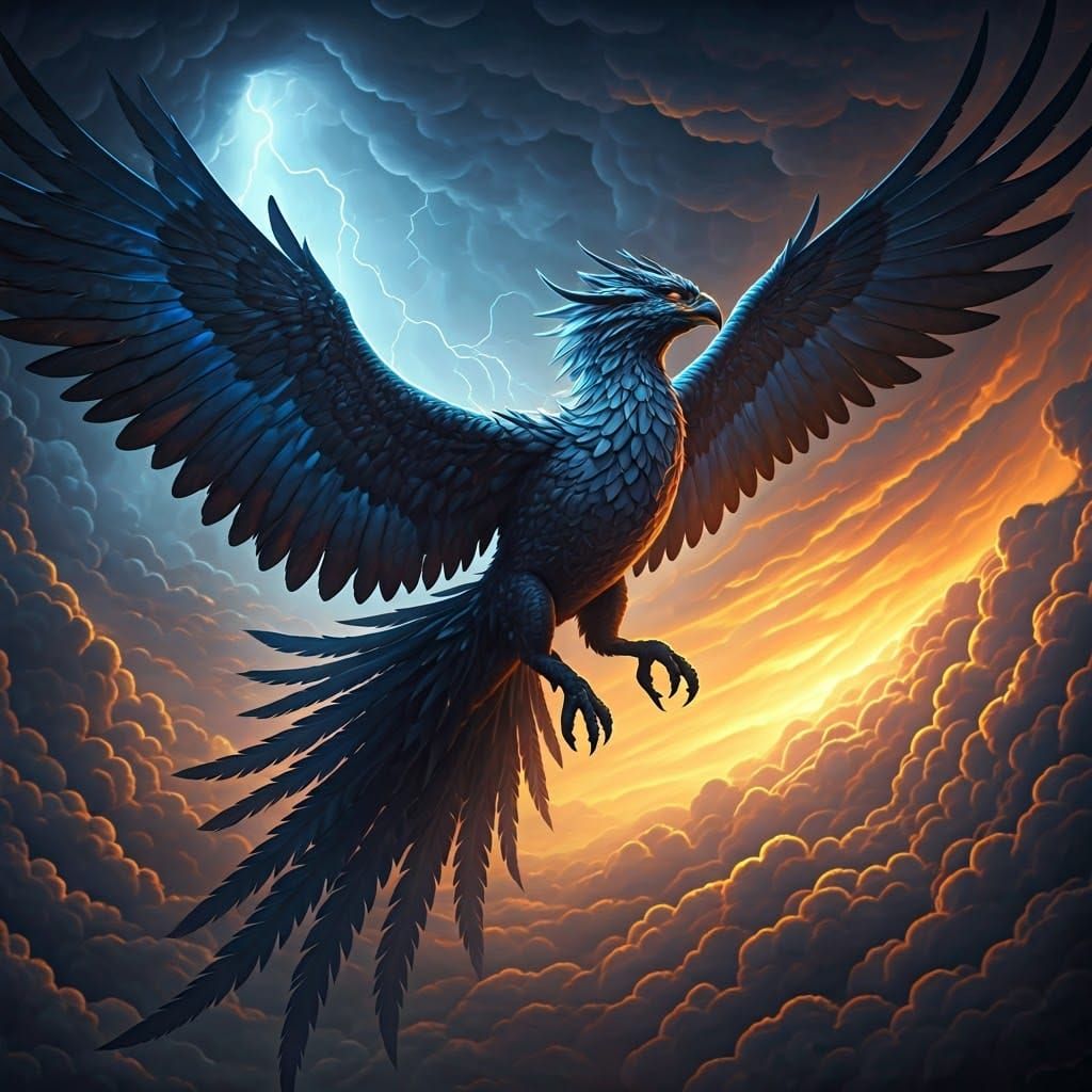 Ethereal Storm Phoenix in Iridescent Gray Feathers with Elec...