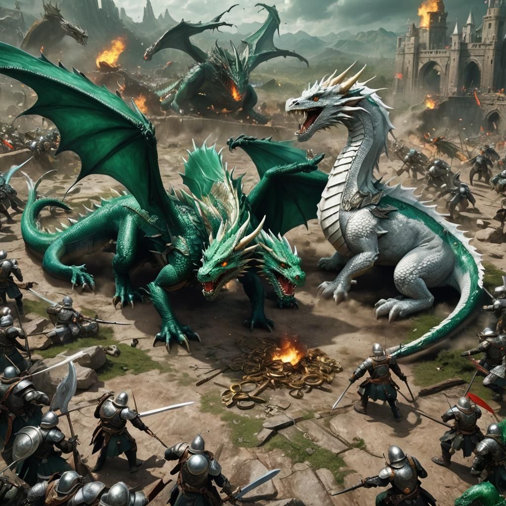 Emerald Dragon Versus Saddled White Dragon