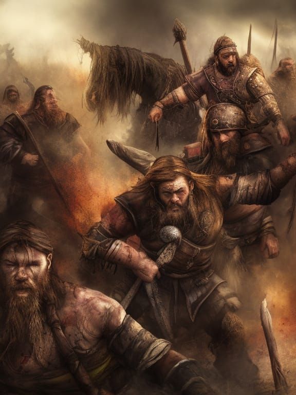 Tired Viking Warriors Return Home: Hyperrealistic Splash Art