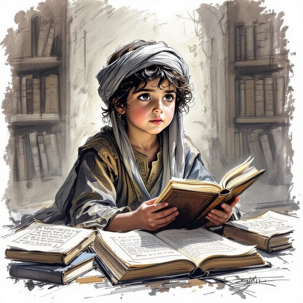 Child Scholar in Basra: Charcoal Sketch of Ibn al-Haytham