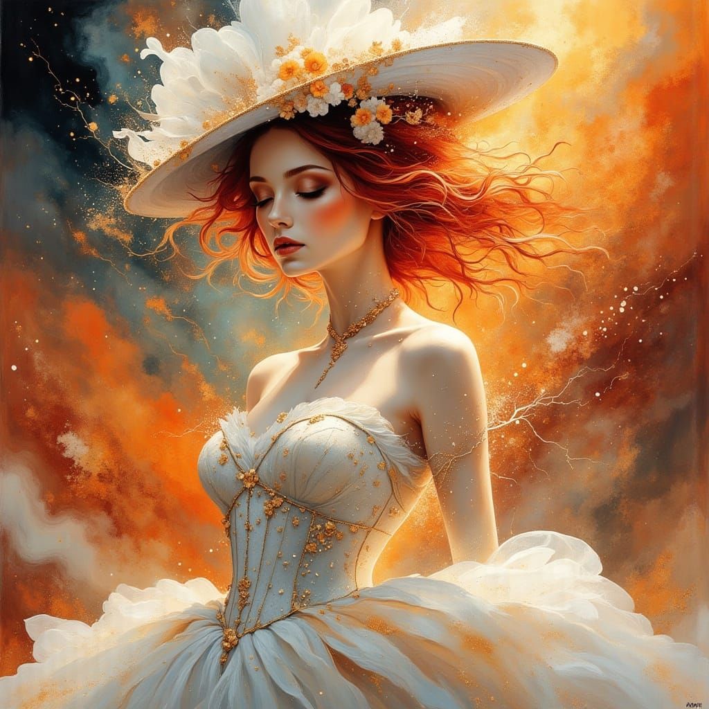 Elegant Futuristic Lady in White with Flaming Hair
