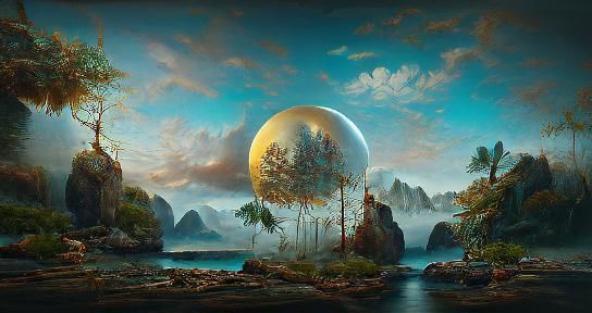 Alien Tropical Island with Glowing Flora in Surreal Style