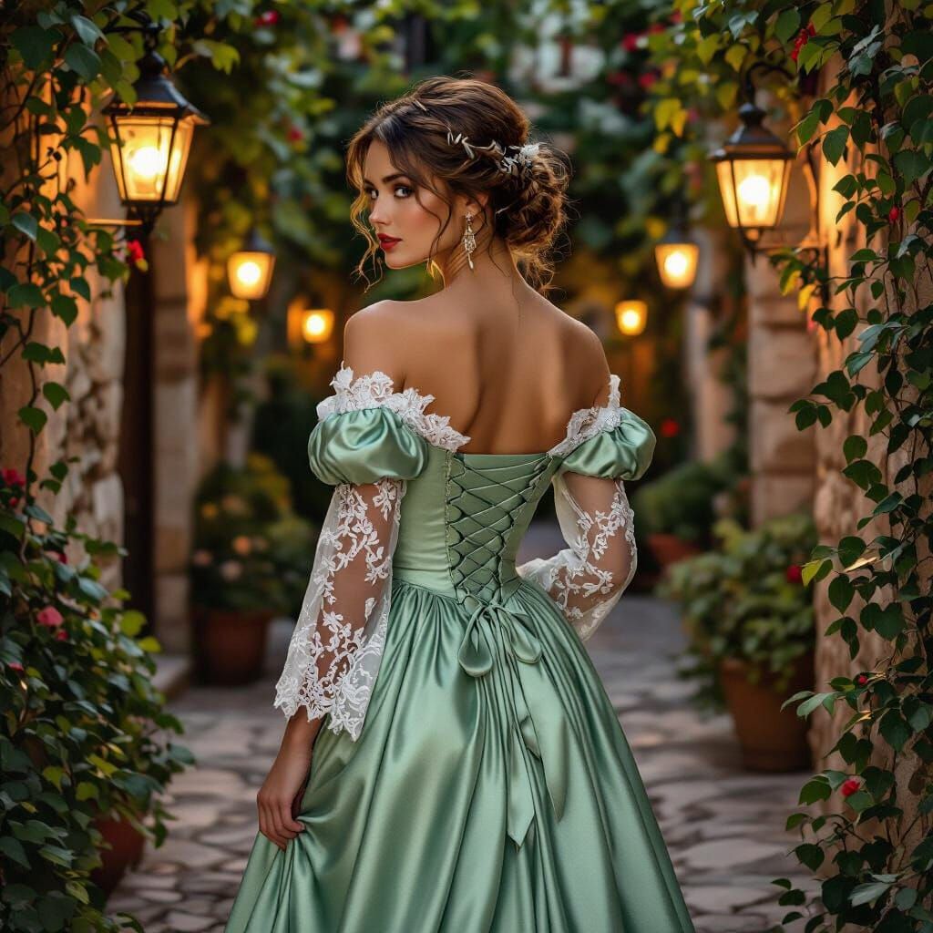 Elegant Gown in Romantic Courtyard at Night