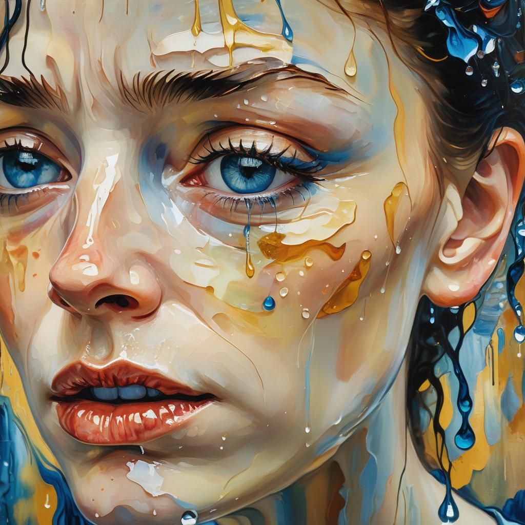 portrait woman sadness sad tears teary crying cry weeping lyrical abstraction splash art surrealism synthetism cubism ki...