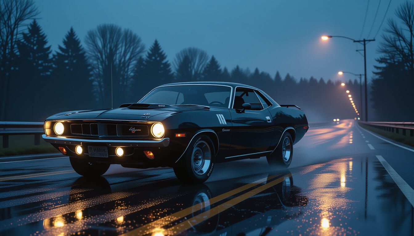 Black Barracuda Drifting in Rainy Dusk