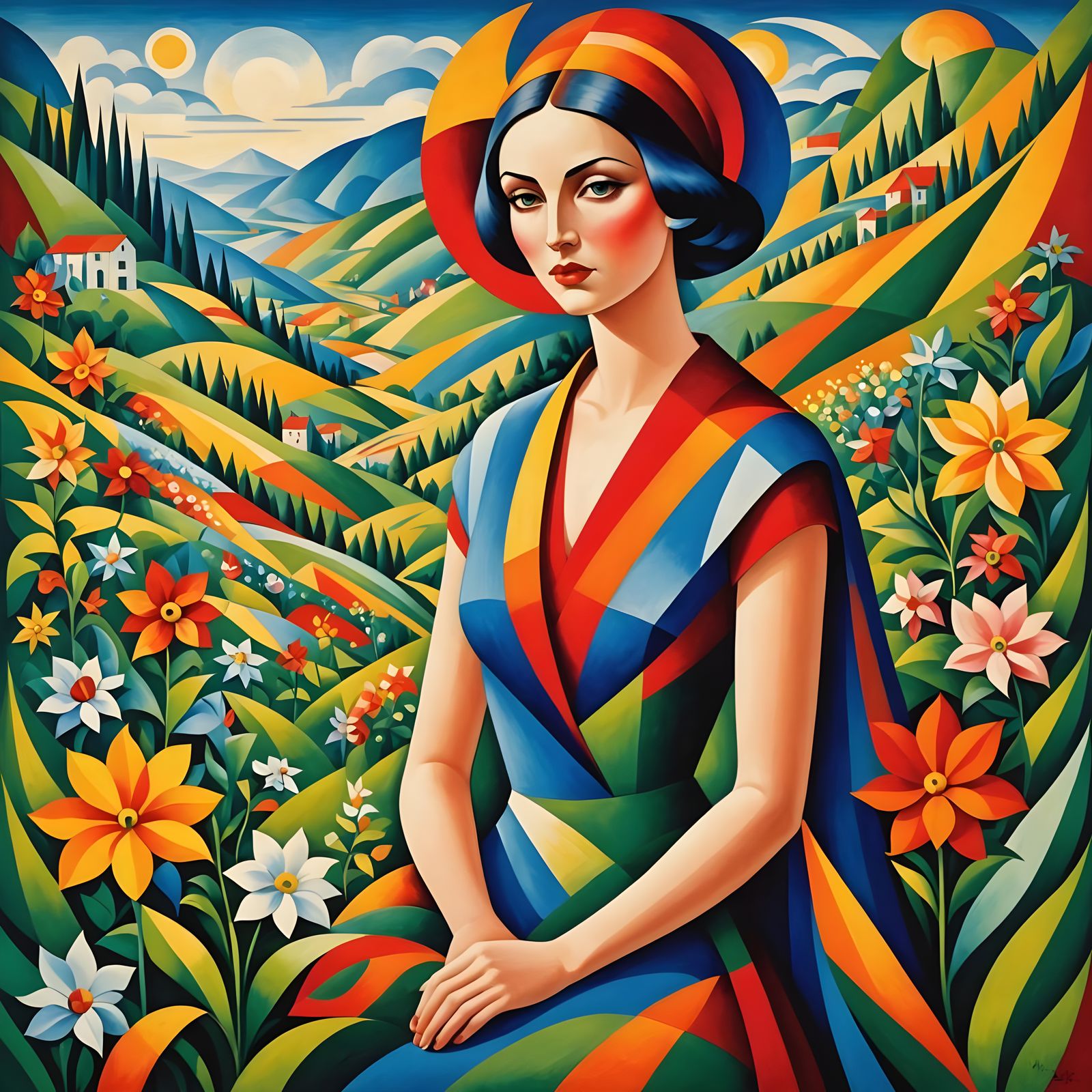 Valley of Flowers in Abstract Cubism Style