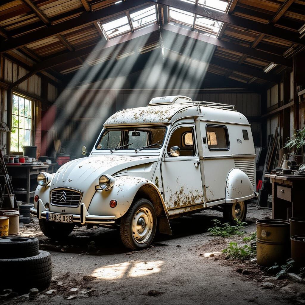 Abandoned Citroën Camper in Dusty Workshop