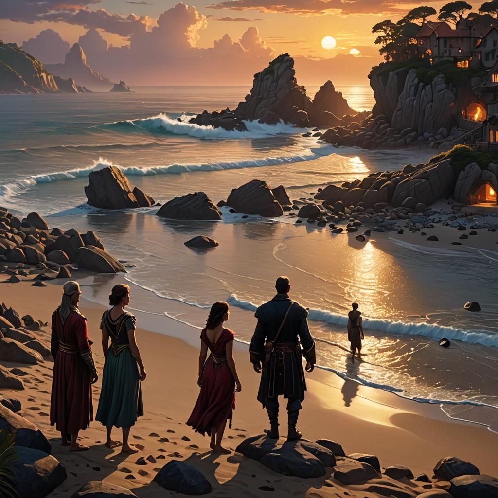 Surreal Sunset Landscape with Figures and Fantastical Creatu...