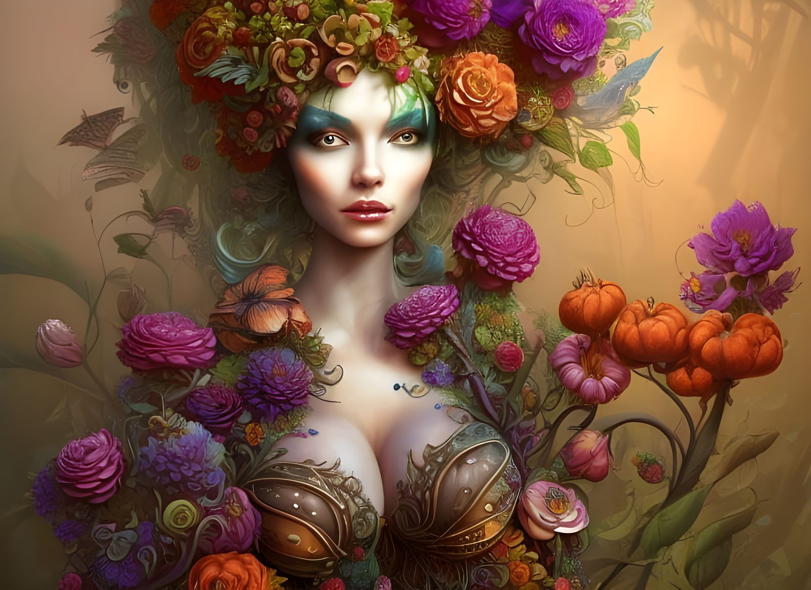 Exotic Beauty: Woman with Flowers and Fruit