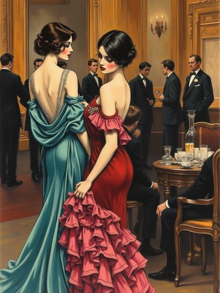 1920s Flapper Scene in Charcoal and Watercolor