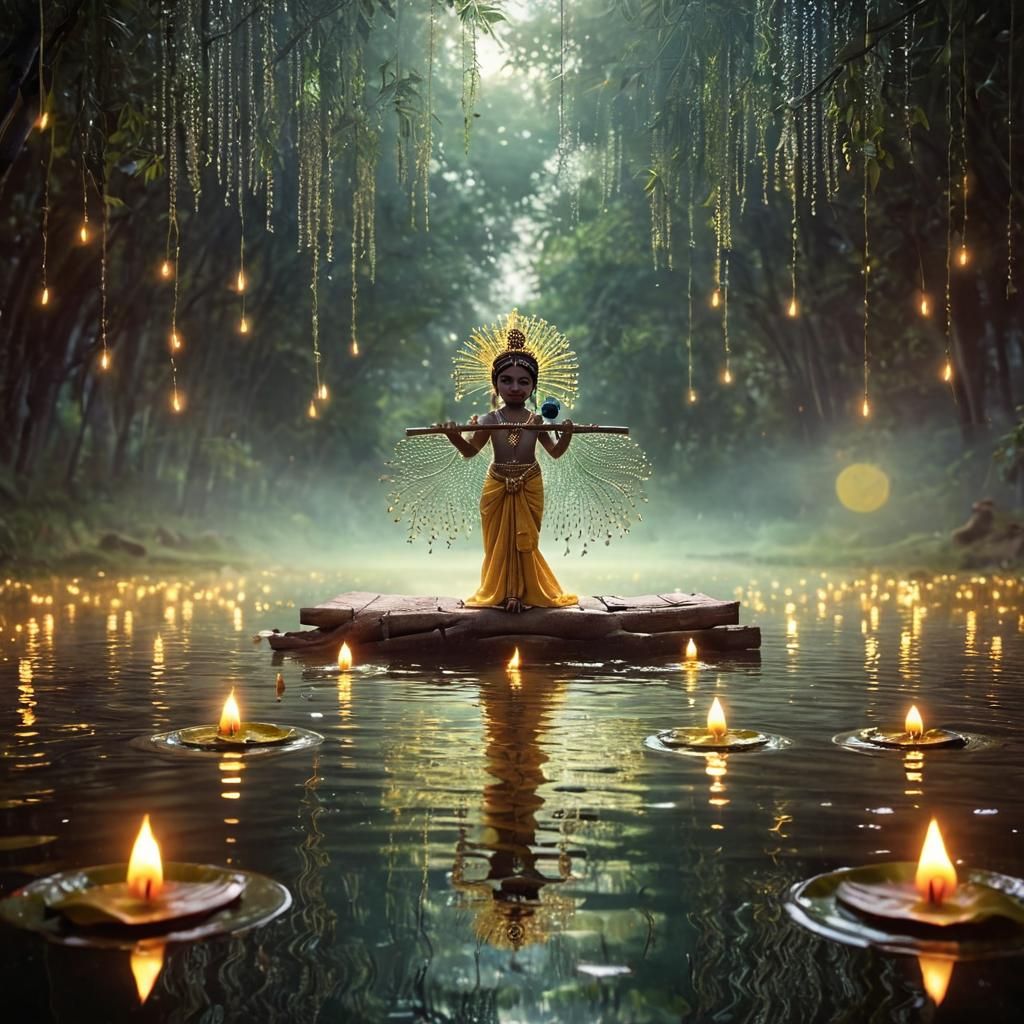 Krishna's Enchanting Riverside Flute Song: Cinematic Still