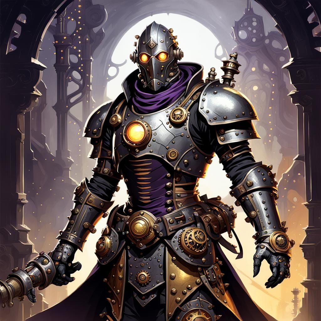 Steampunk Warforged Artificer in Dark Fantasy Style