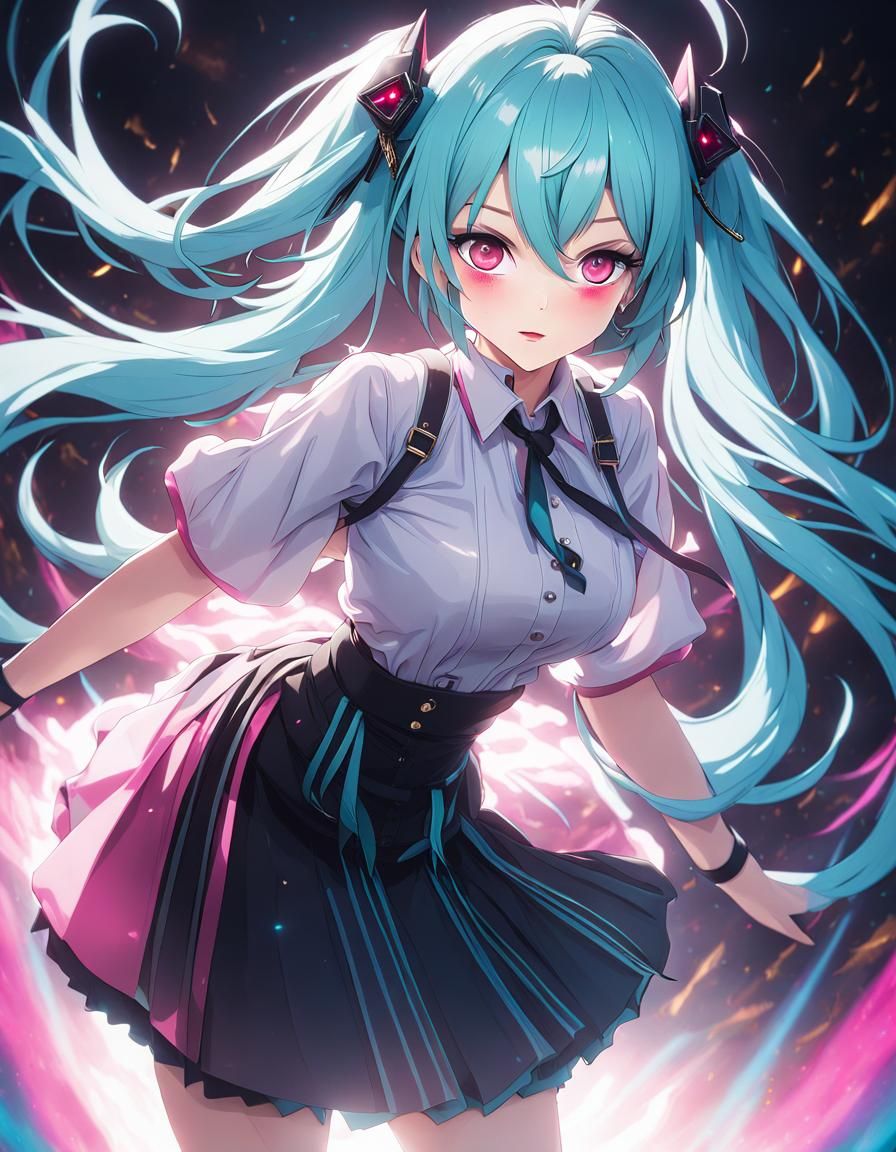 Aqua-Haired Girl with Pink Eyes in Vibrant Colors
