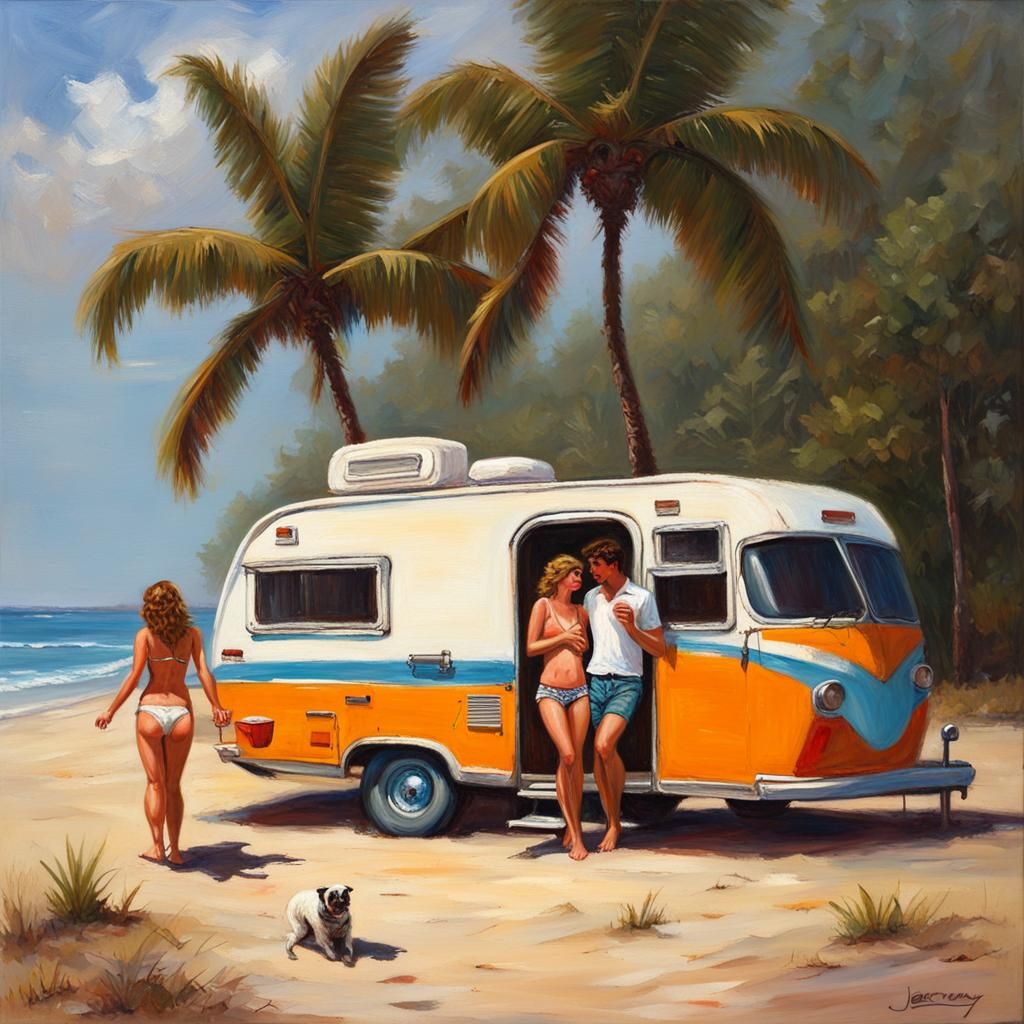 Retro RV Campers on Tropical Beach: Oil Painting
