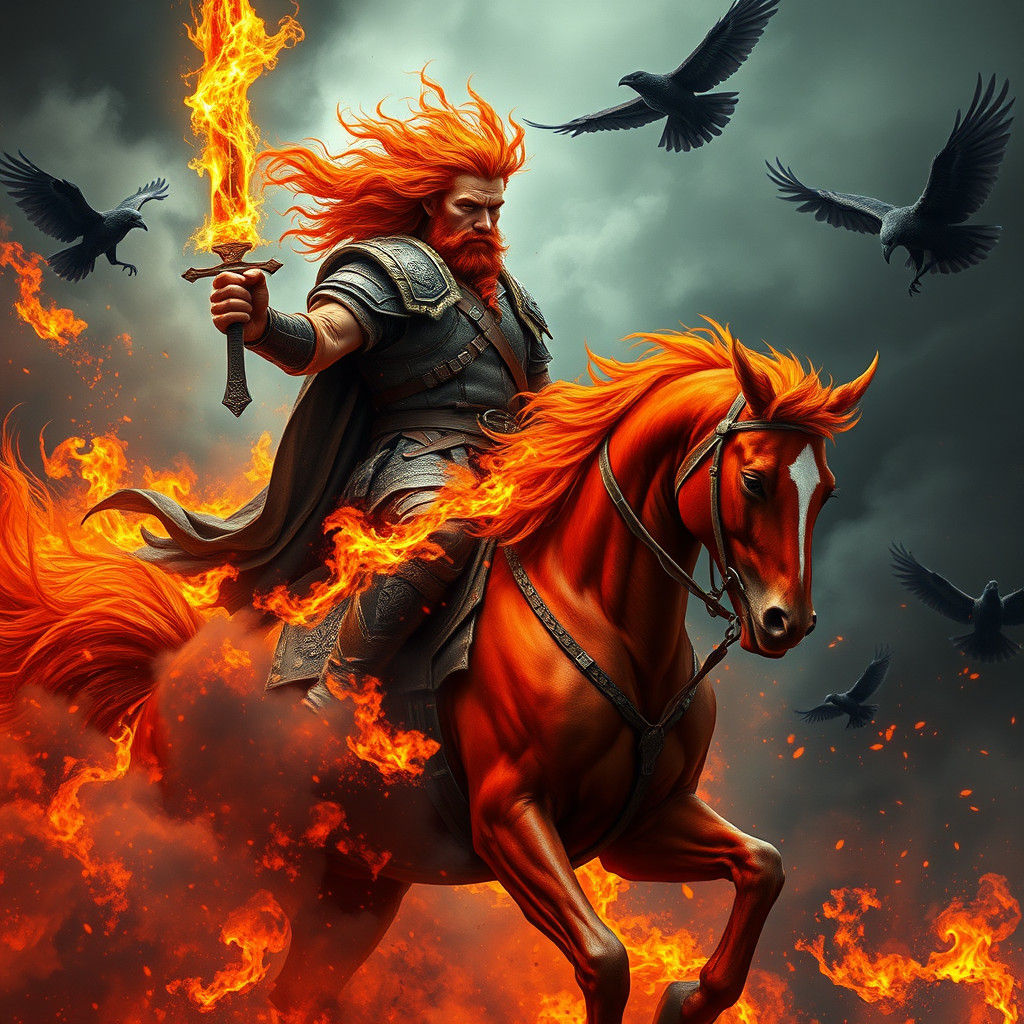 Warrior God on Fiery Steed in Apocalyptic Landscape