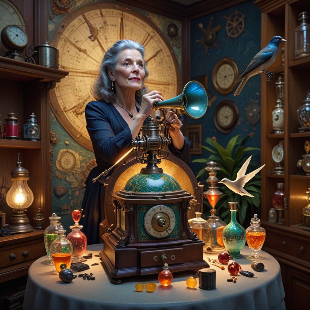 Surreal Lady in Fantastic Scene with Antique Objects