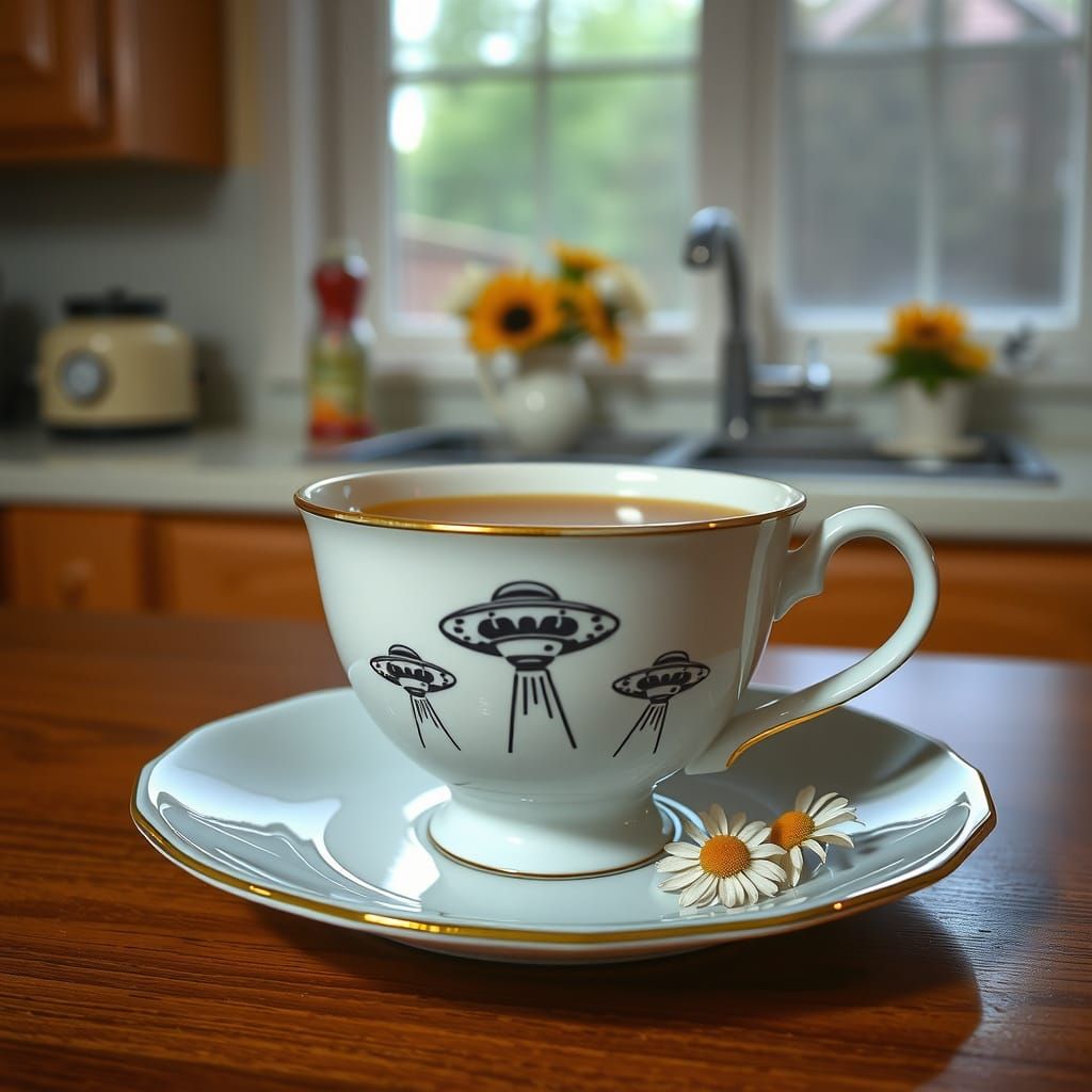 Quaint 1950s Kitchen Scene with Retro Teacup and UFOs