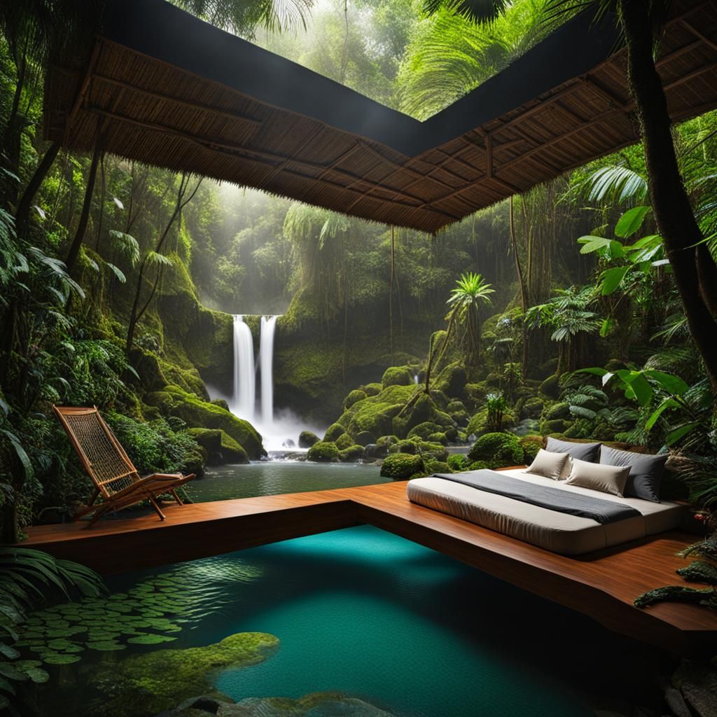Rainforest Retreat: Cozy Bed by Waterfall