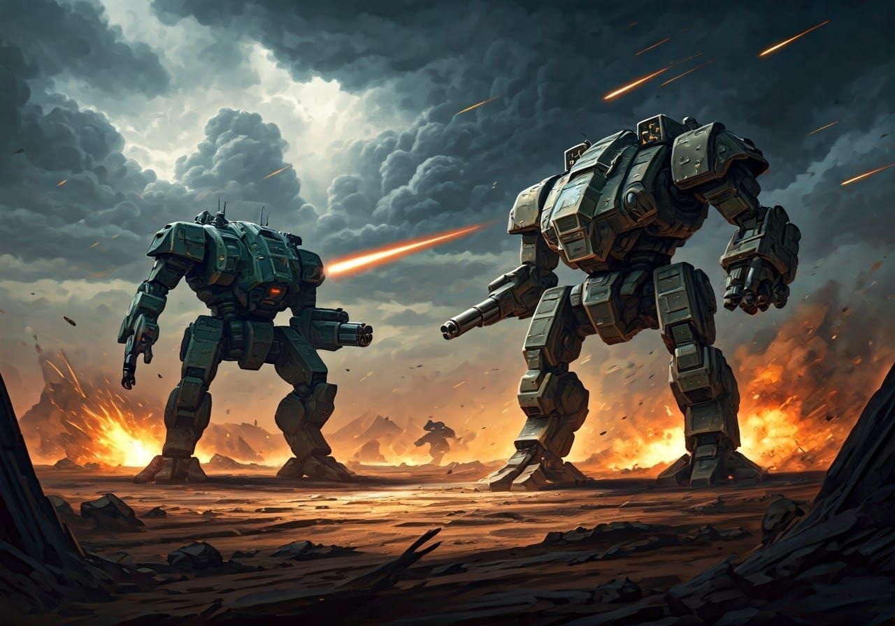 Battle Mechs Clash on a Ravaged Battlefield