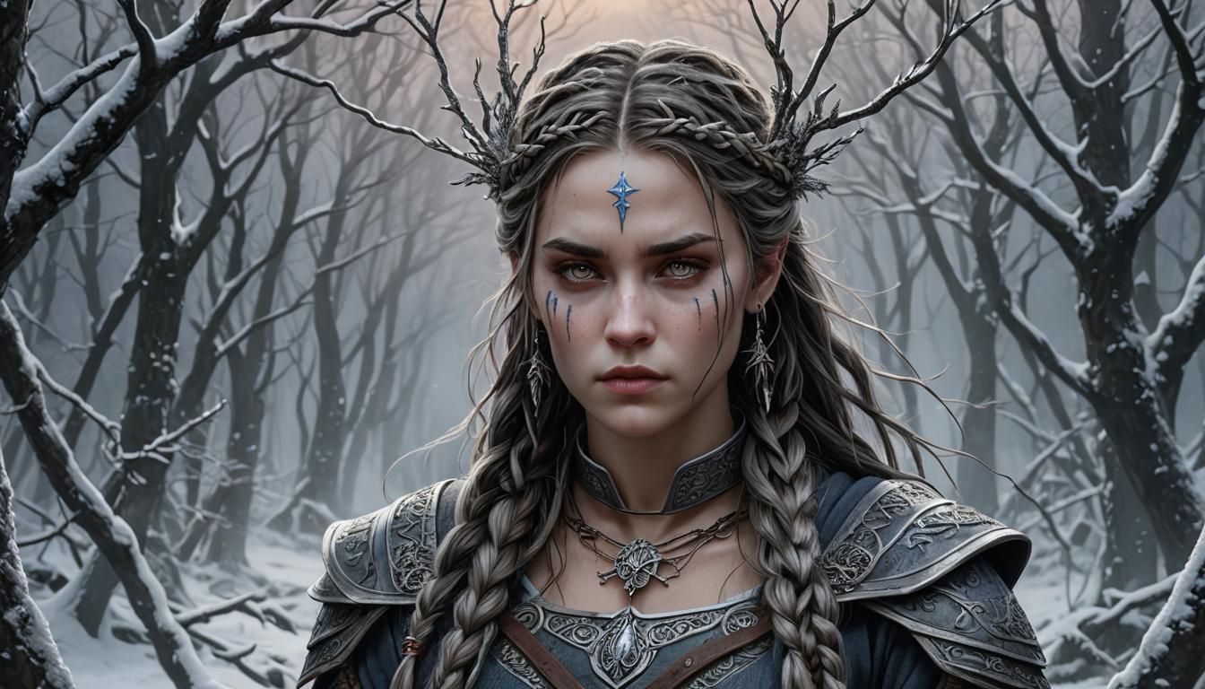 Norse Heroine Eira with Flaming Sword at Twilight