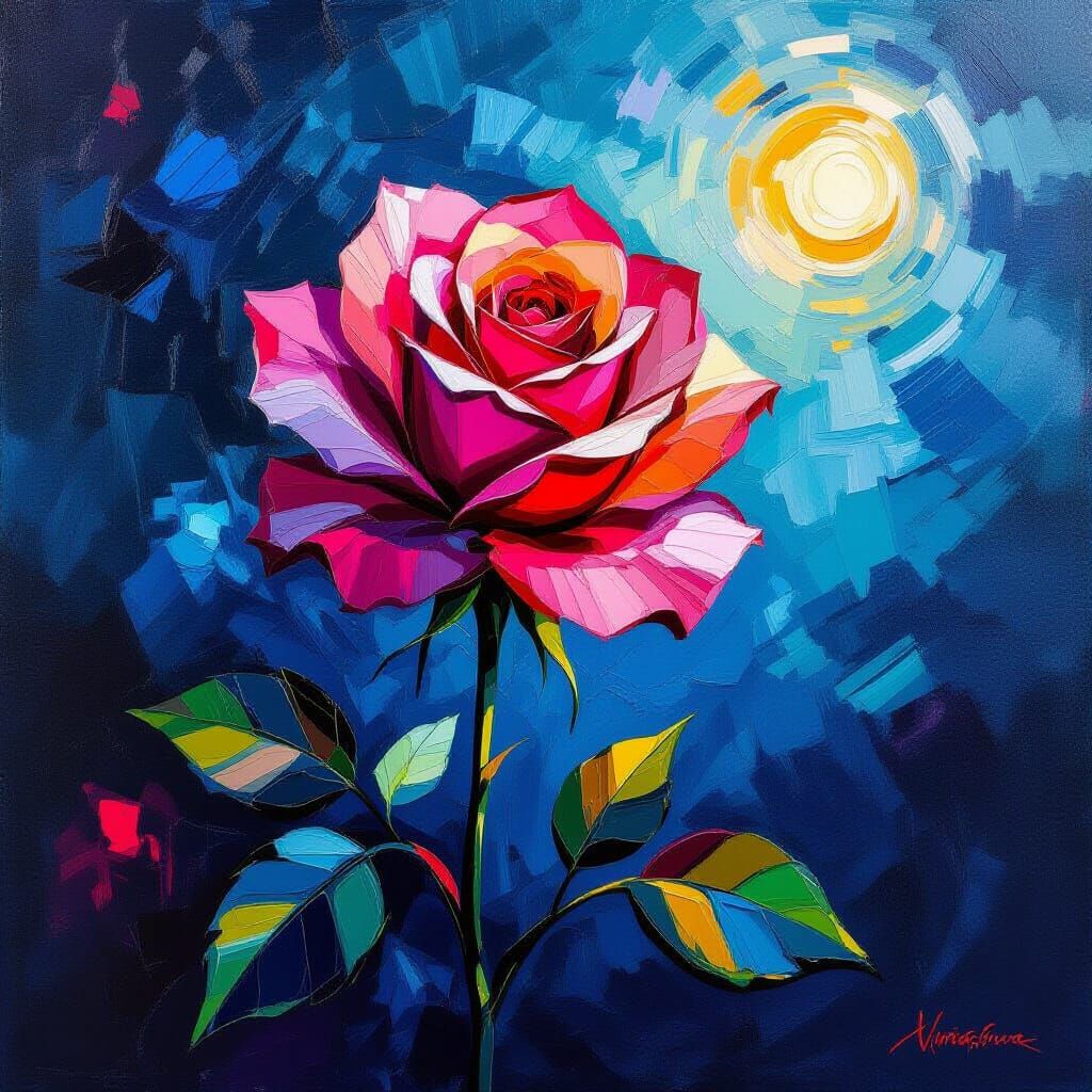 Abstract Rose Oil Painting with Luminous Colors