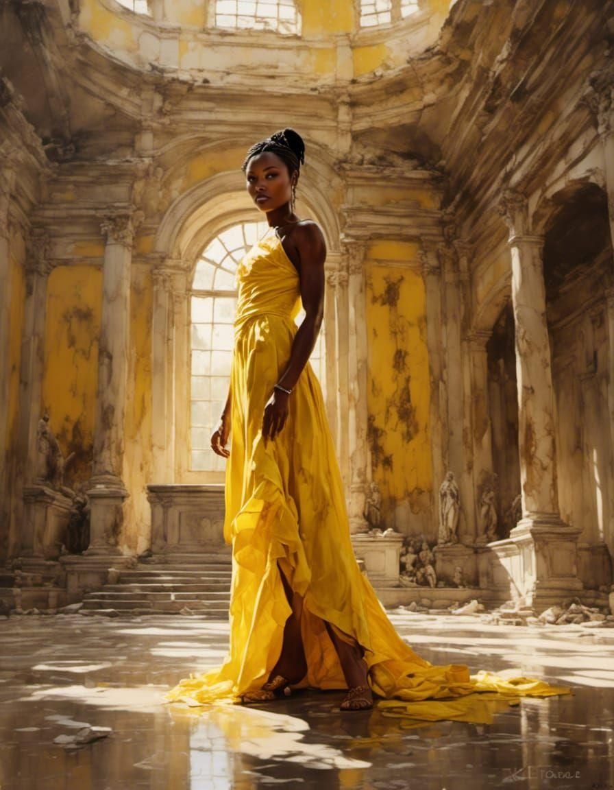 Woman in Yellow Gown in Roman Hall, Digital Art
