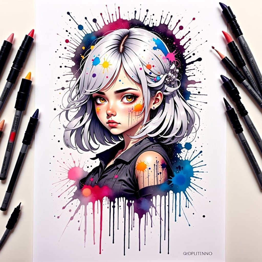 Ink Splatter Portrait on Colorful Paper