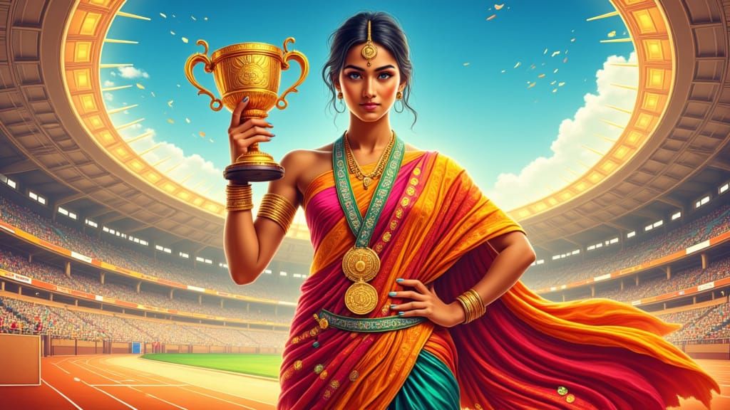 Triumphant Indian Athlete in Ornate Stadium