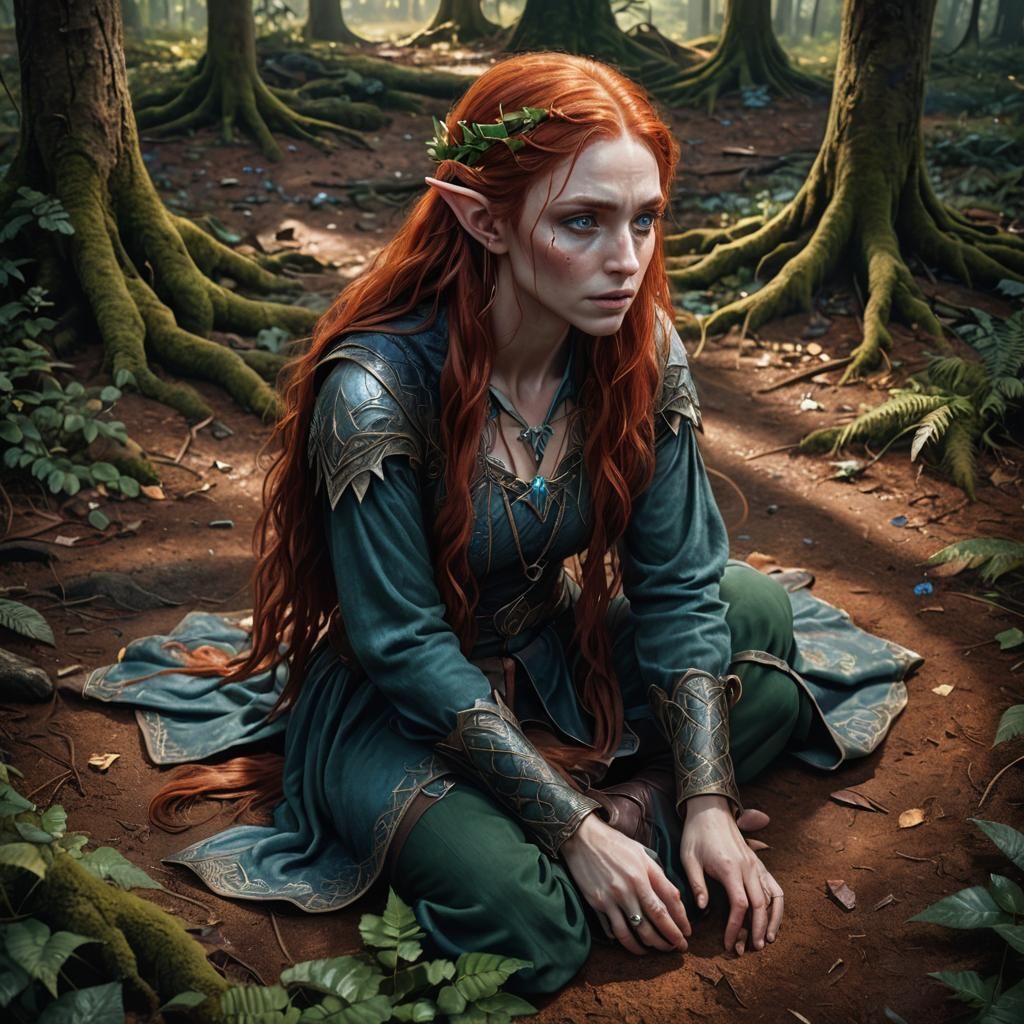 A young female elf with long red hair and blue eyes,  down o...
