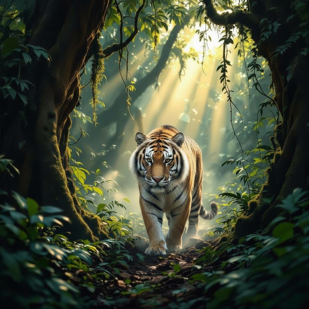 Mysterious Jaguar in Dense Tropical Jungle, Golden Light