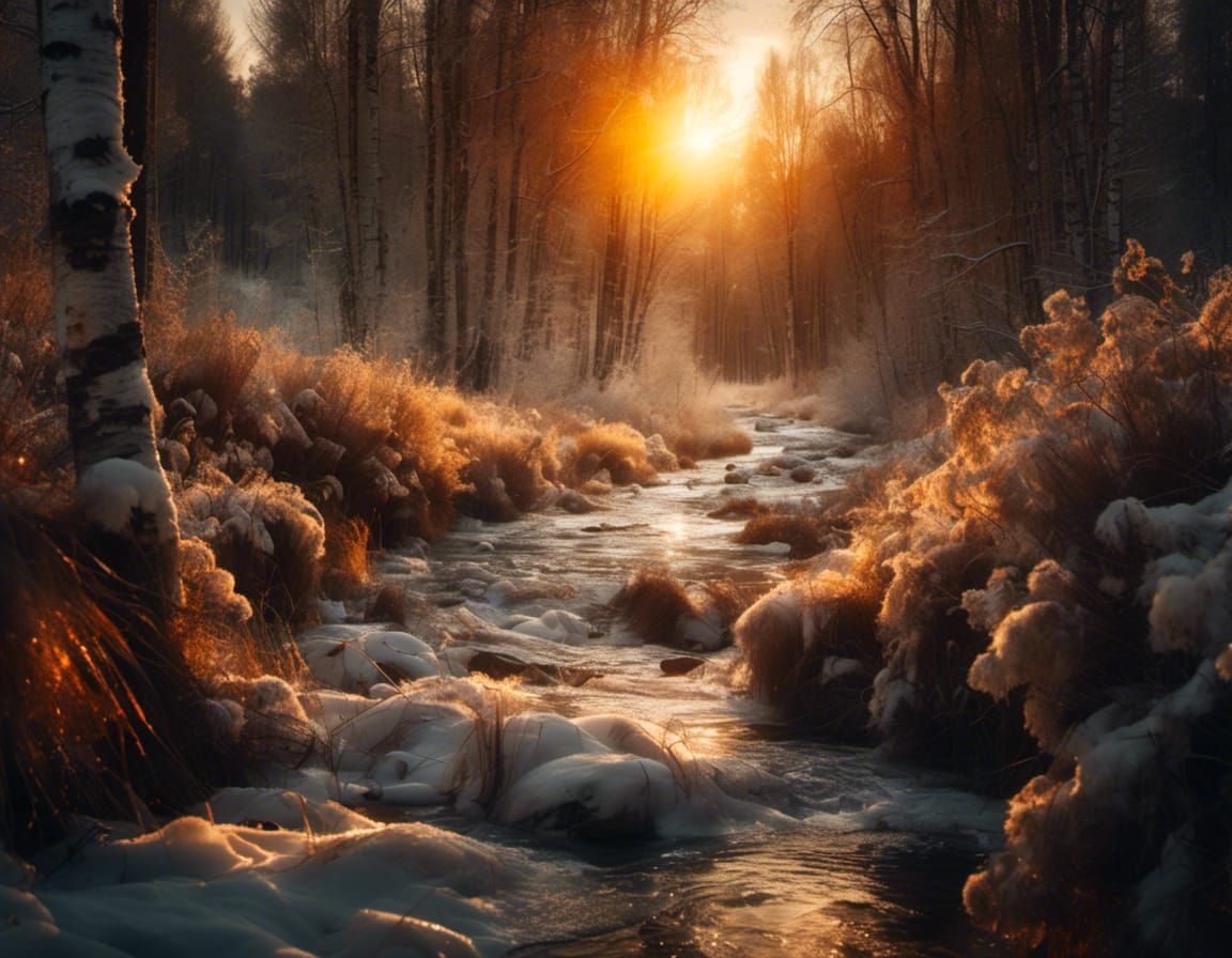 Winter Forest Stream at Sunset in White Shades