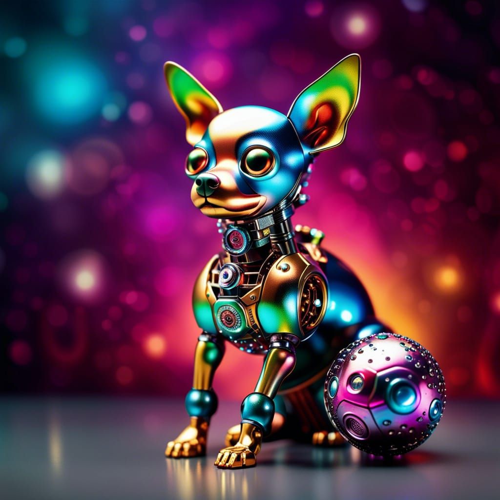 Robotic Chihuahua Plays Ball in Cosmic Scene