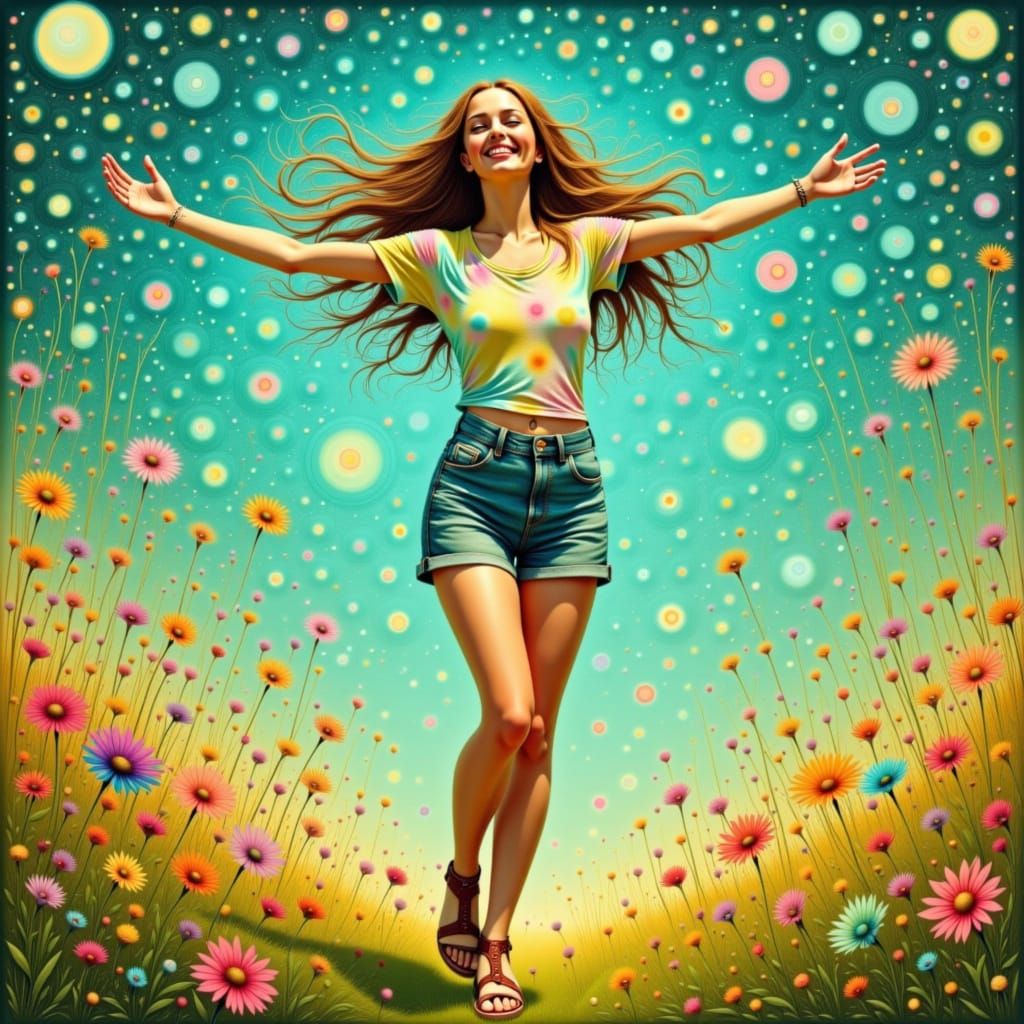 Dancing Woman in Meadow, Art Nouveau Style