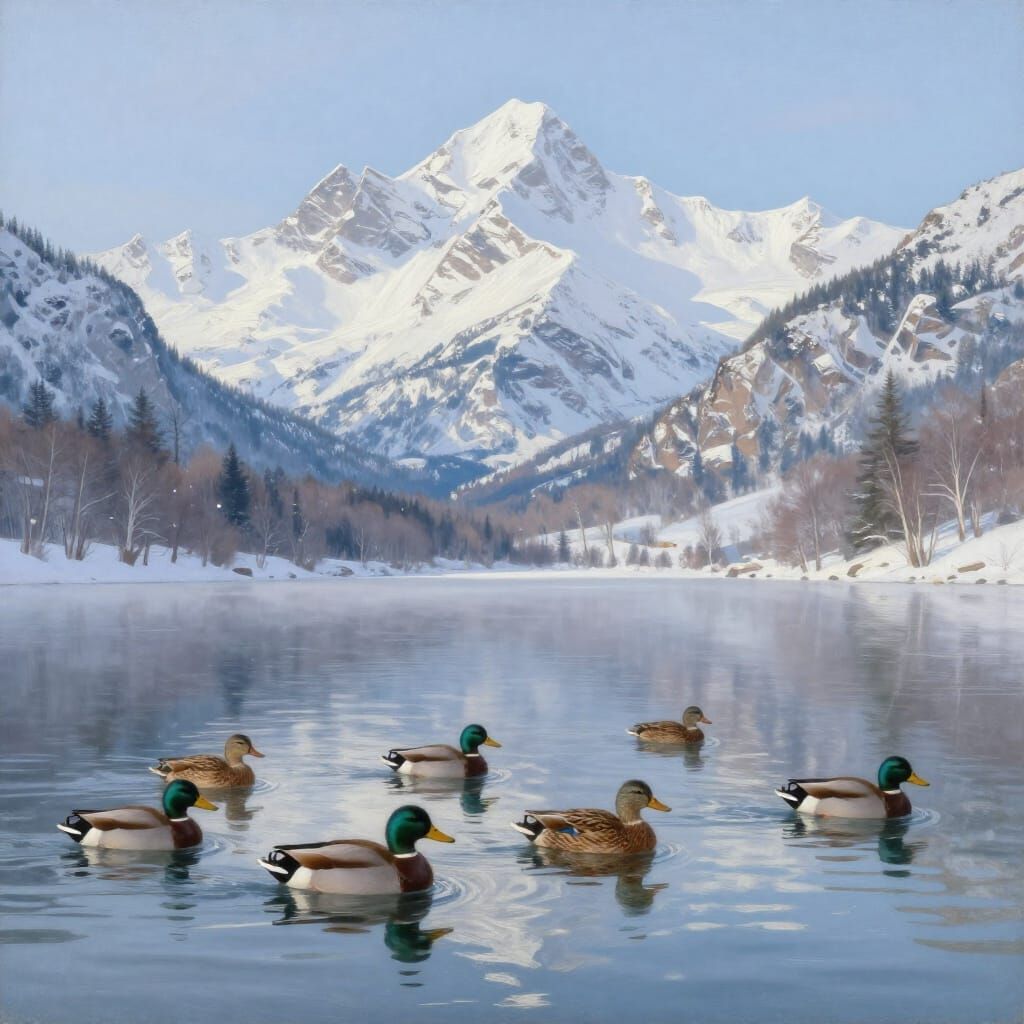 Ducks on Snowy Lake with Mountains in Oil Painting Style