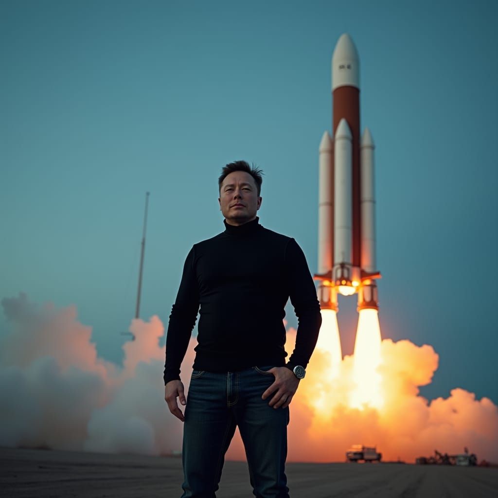 Elon Musk in Heroic Cinematic Rocket Launch Portrait