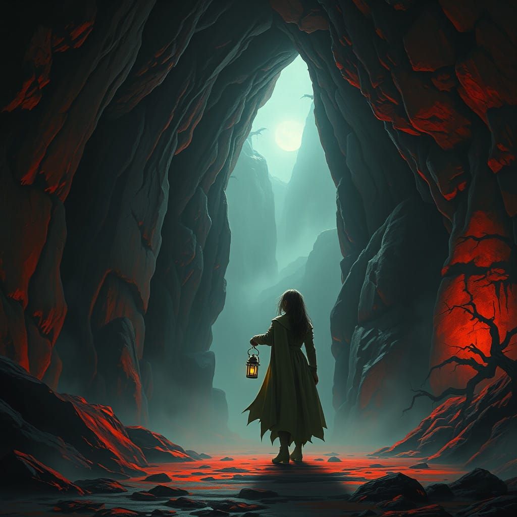 Girl in Faintly Lit Cave, Encircled by Ominous Fantasy