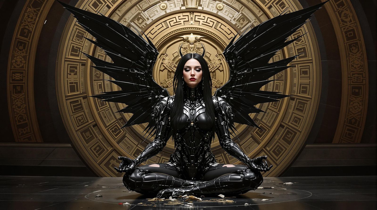 Cyberpunk Meditative Figure with Metallic Wings