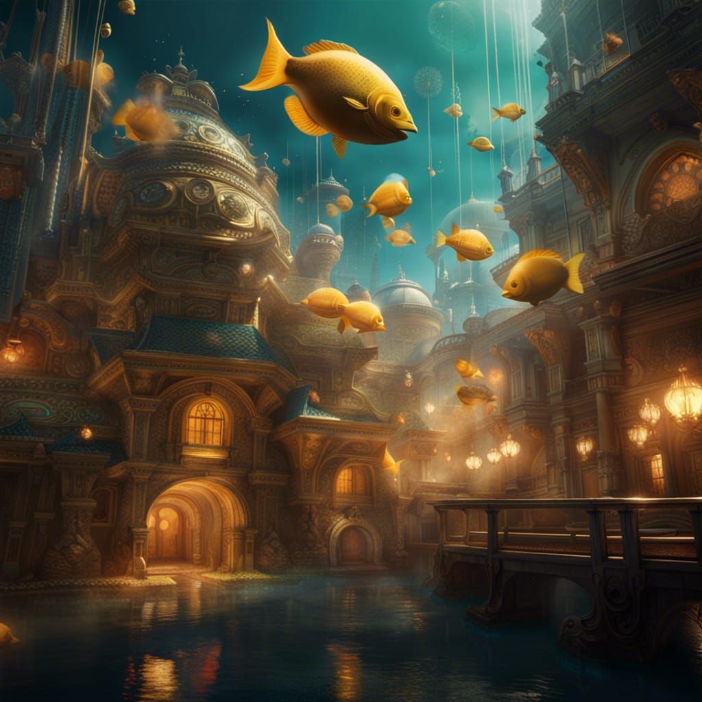 Underwater Bubble City with Golden Halo Light