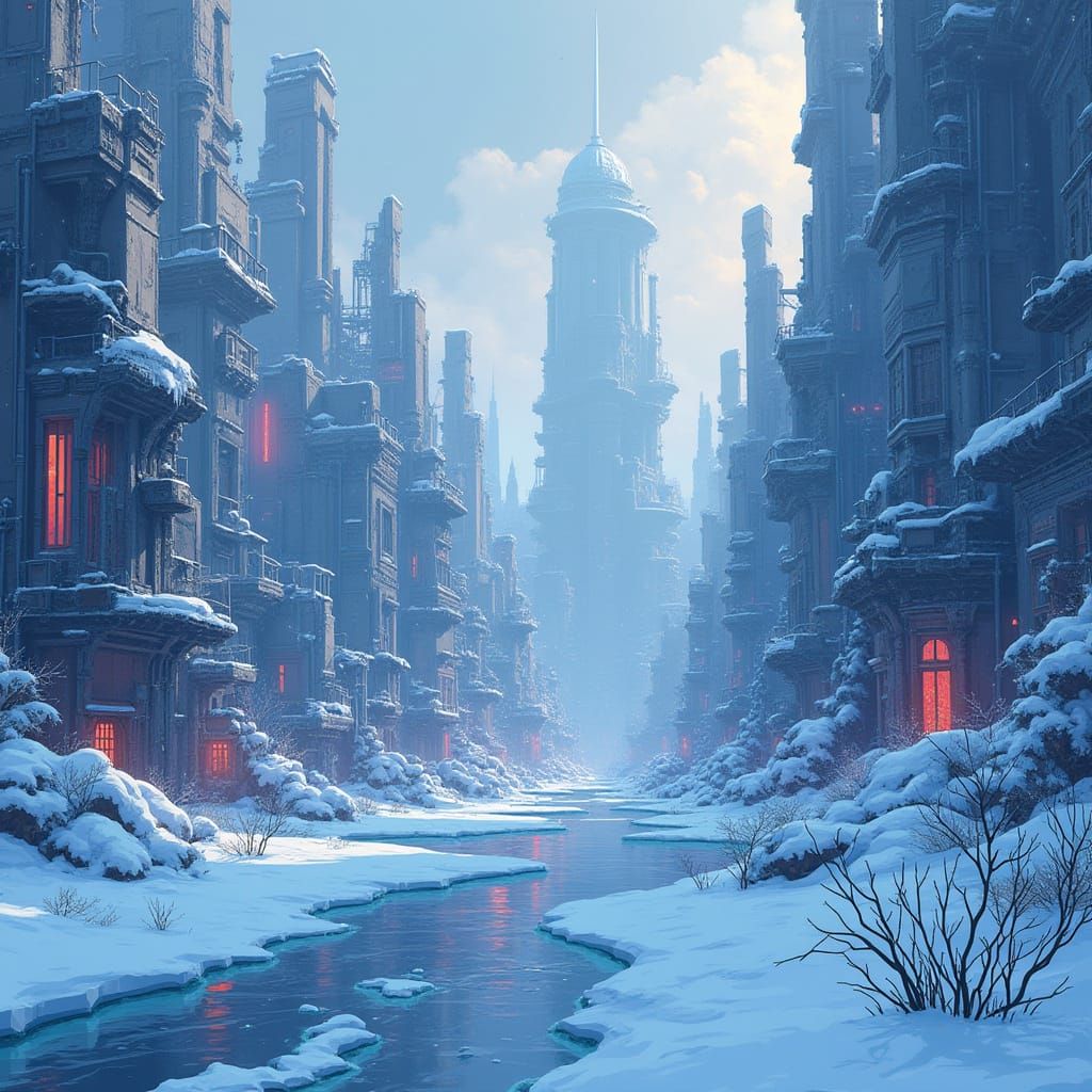 Cyberpunk Cityscape Frozen in Winter, Manga Style