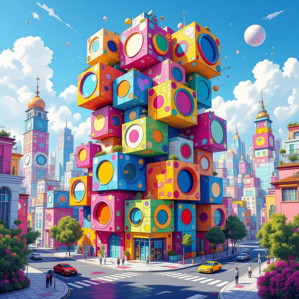 Cubist Apartment Tower in Futuristic City