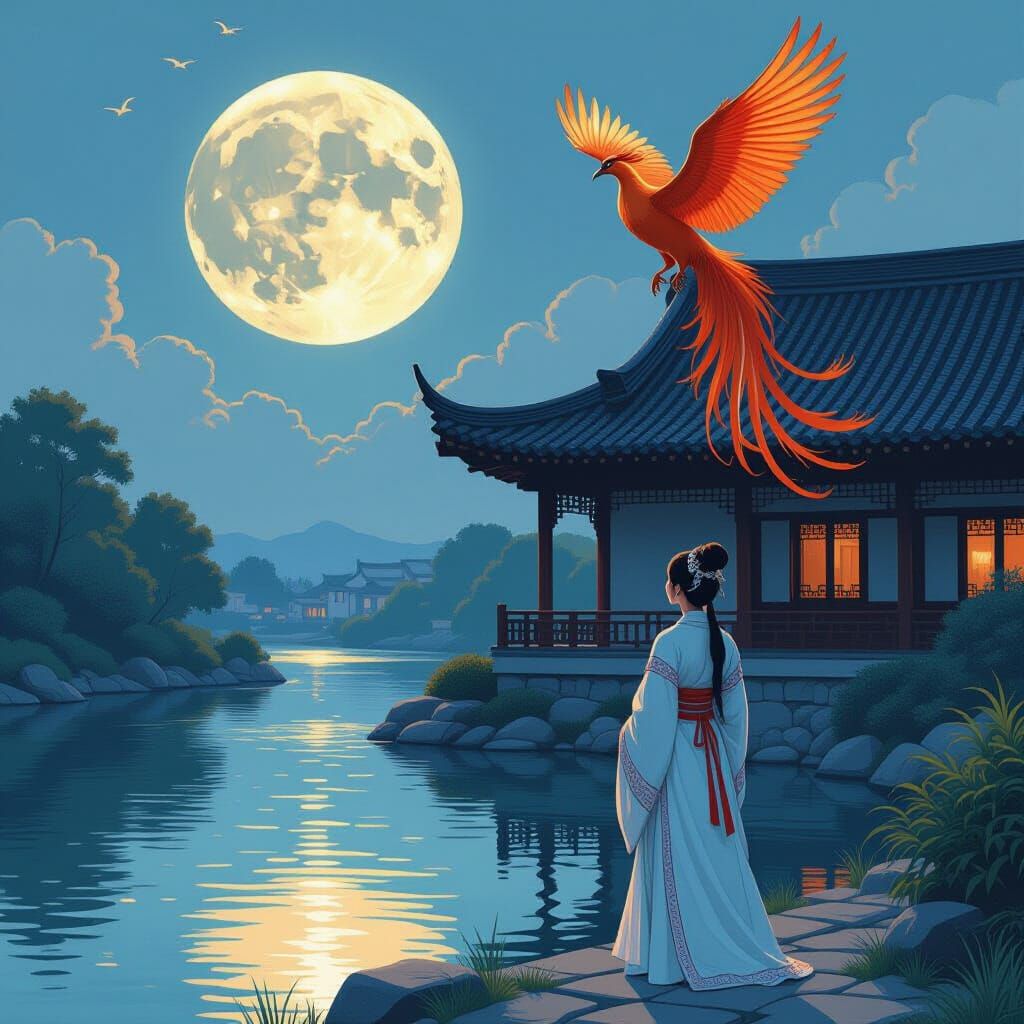 Girl, Phoenix and Moonlit River in Realistic Style
