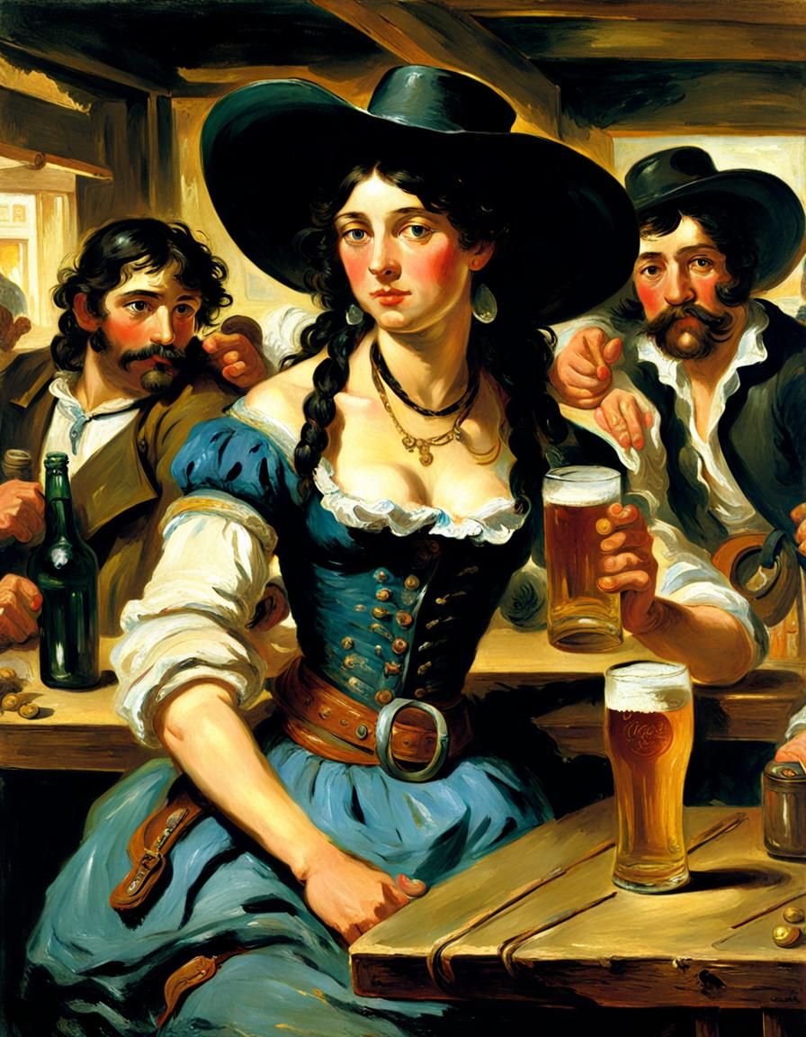 Cowgirl in Tavern: Romanticism Style Digital Painting